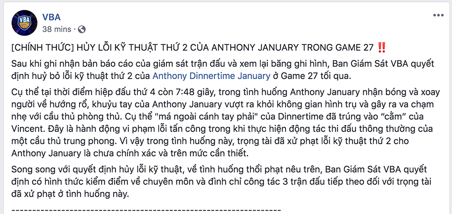 Chính thức: Trọng tài Tan Chin Siong bị cấm điều hành 3 trận đấu tại VBA 2019